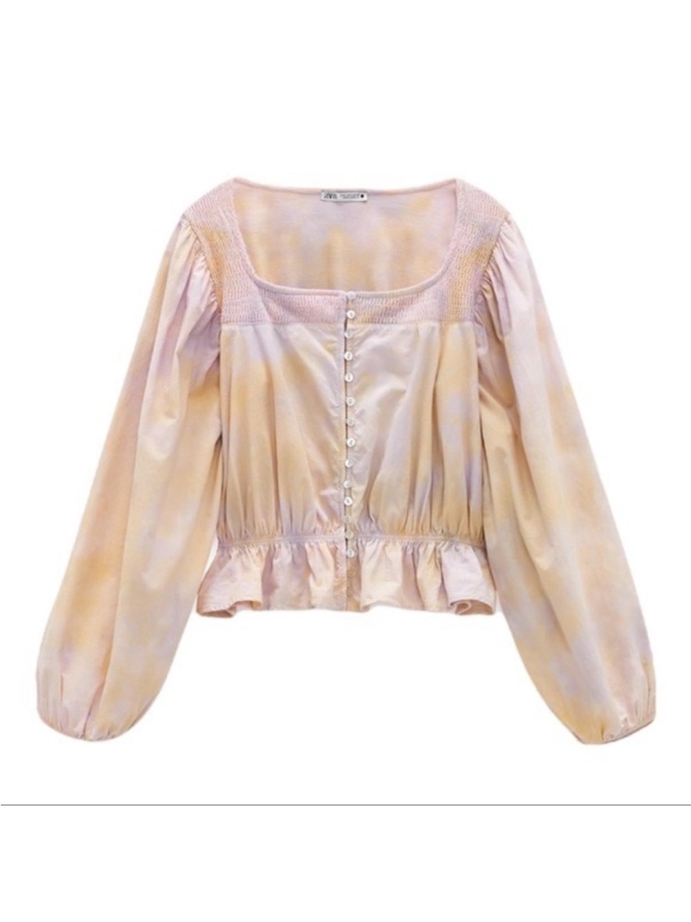 Zara Pastel Tie-Dye Peasant Blouse - Pink & Cream